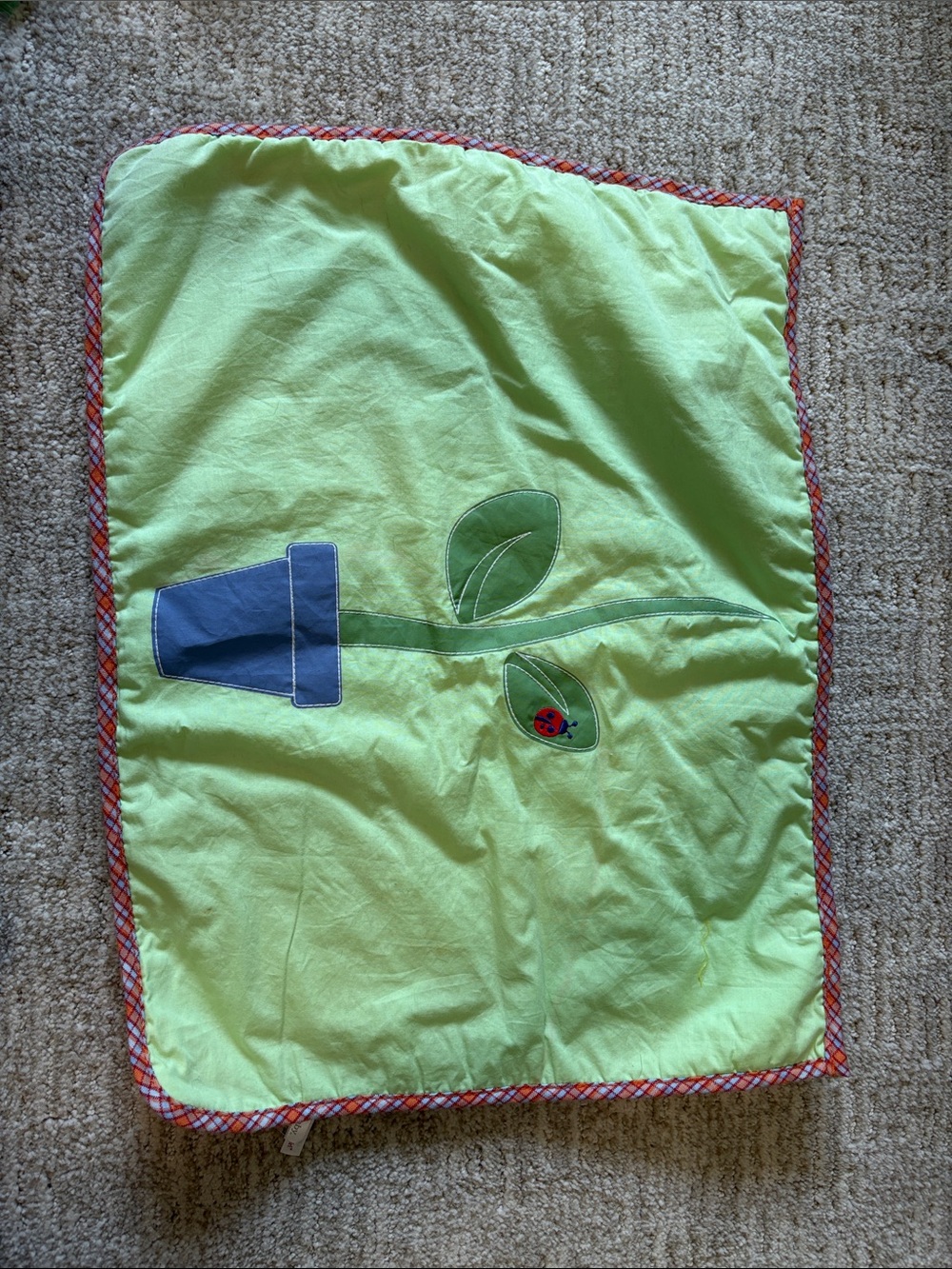 American Girl Light Green Garden Blanket with Blue Pot and Red Ladybug